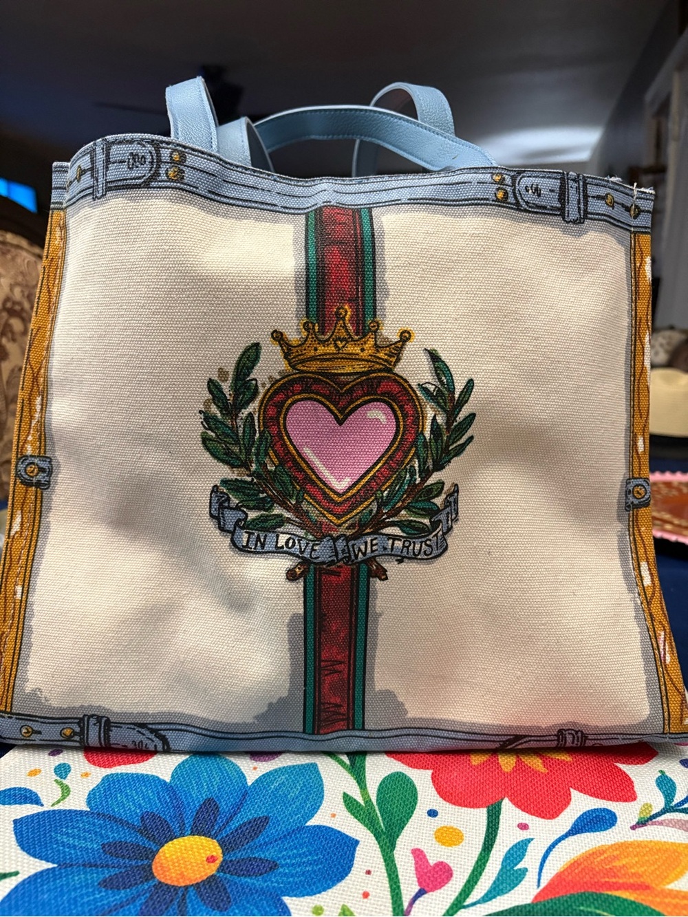 Brighton Cream Canvas Tote with Pink Heart Crest and Green Trim